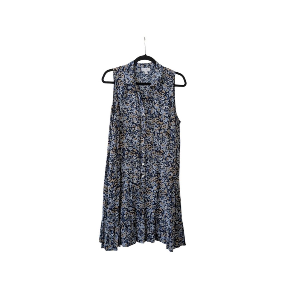 J Jill Floral Ruffle Dress Womens PL Navy Sleeveless Button Front